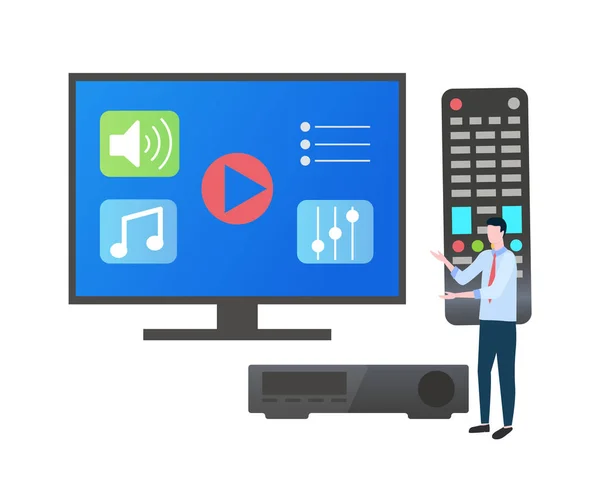 Écran TV avec télécommande et utilisateur avec DVD — Image vectorielle