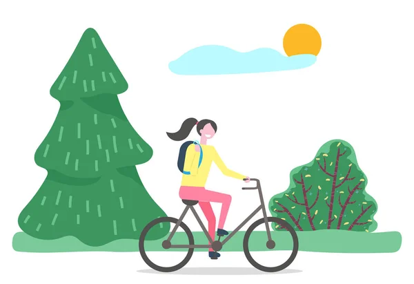 Female Walking on Bicycle in Summer Park Vector — ストックベクタ