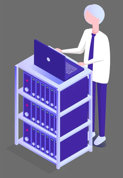 Man Working in Database Center on Computer Vector — Stock Vector