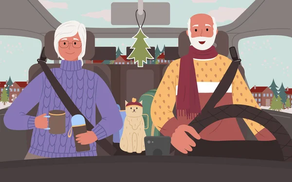 Personas mayores en viaje por carretera en invierno en coche Vector — Vector de stock