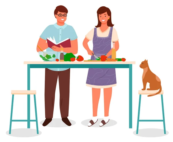 Paar Koken thuis, Man en vrouw in de keuken — Stockvector