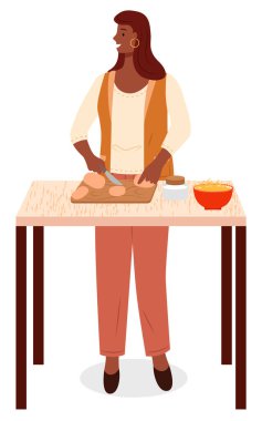 Woman Cut Potatoes, Cooking on Table in Kitchen