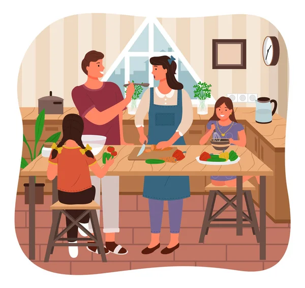 Family Cooking Meal, Parents Children in Kitchen — 图库矢量图片