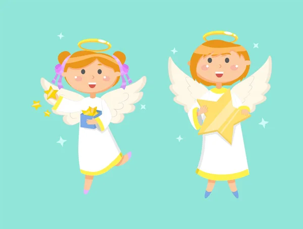 Angels Kids, Angelic Children on Christmas Holiday — Stok Vektör