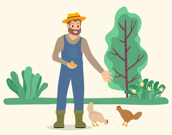 Farmer Feeding Chickens in Countryside Vector — ストックベクタ