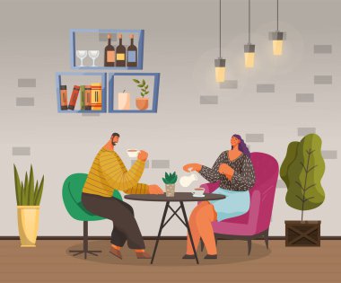 Couple or Friends Drinking Tea or Coffee in Cafe