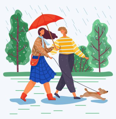 Man and Woman Walk with Dog During Rainy Weather