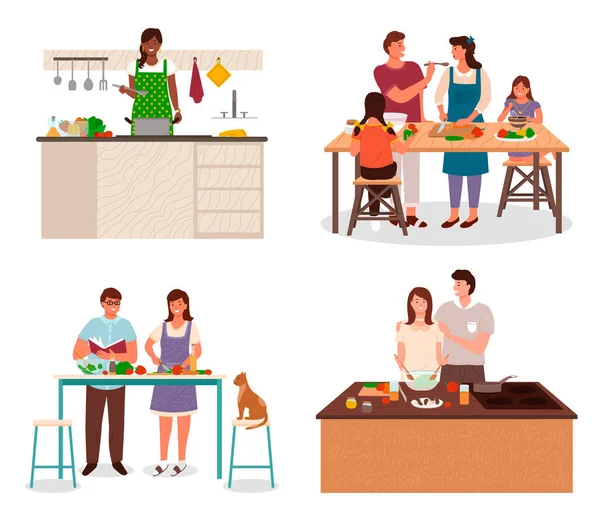 Préparation familiale pour le dîner dans le vecteur de cuisine — Image vectorielle