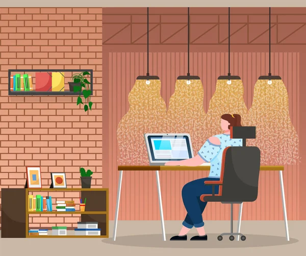 Woman Working on Laptop in Office or from Home — 图库矢量图片