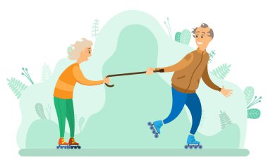 Couple of Old Man and Woman Skating in Spring Park