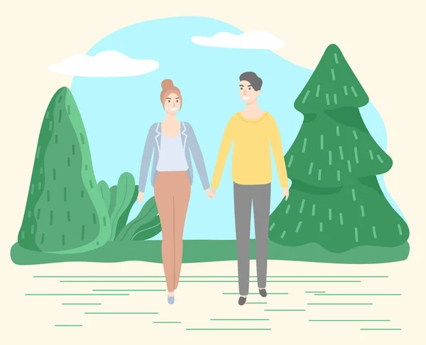 Ζευγάρι Περπάτημα στο Summer Park, Οι άνθρωποι σε ραντεβού — Διανυσματικό Αρχείο