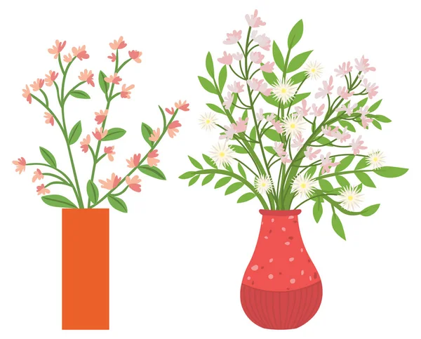 Krukväxt i vaser, blommor med blomstrande — Stock vektor