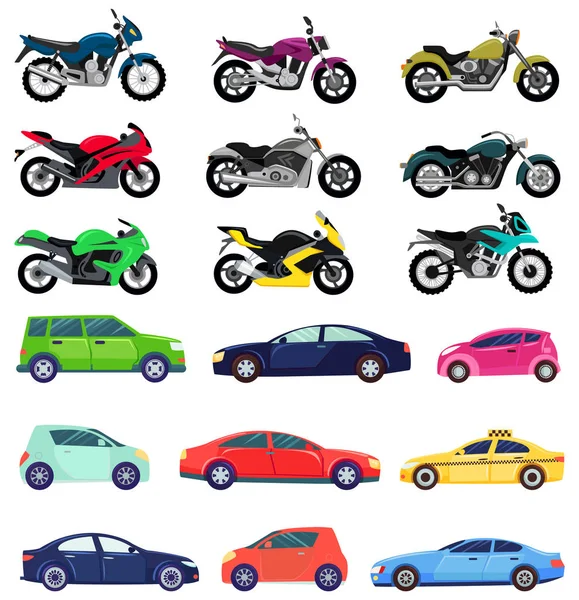 Deportes Conjunto de coches y motos, Transporte de vehículos — Vector de stock