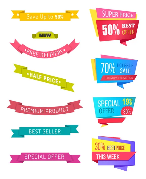 Kortingen en Coupons, Promo Banners Verkoop Set — Stockvector