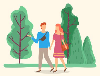 Yaz Park Vektöründe El ele Yürüyen Çift