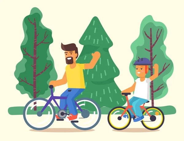 儿子和父亲骑自行车，家庭骑自行车 — 图库矢量图片