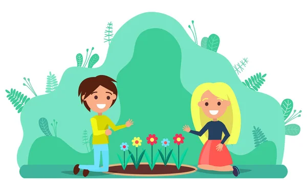 Couple de personnes Plantation de fleurs, Jardinage Hobby — Image vectorielle