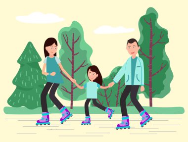 Aile paten pistinde, kayak yapan anne baba ve çocuk