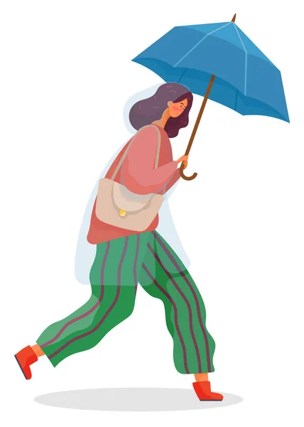 Woman Walk with Umbrella Under Rain, Fall Weather — Stock Vector
