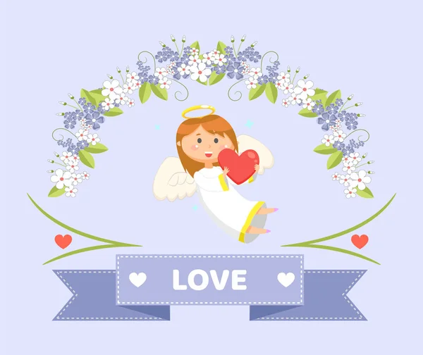 Amore e Cupido con Cuore, San Valentino Saluto — Vettoriale Stock