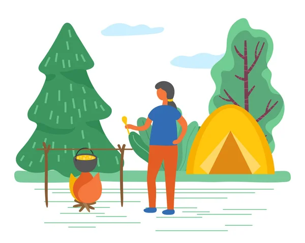 Camping of Man Cooking near Tent in Forest Vector - Stok Vektor