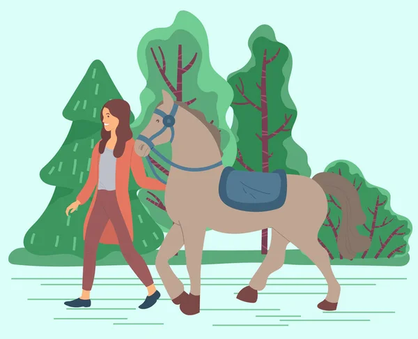 Γυναίκα επικεφαλής άλογο, επιβήτορας με σέλα και Curb — Διανυσματικό Αρχείο