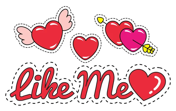 Надпись Like Me Patches and Stickers Hearts — стоковый вектор