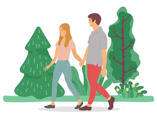 Couple à la date Marche dans la forêt ou le parc d'été — Image vectorielle