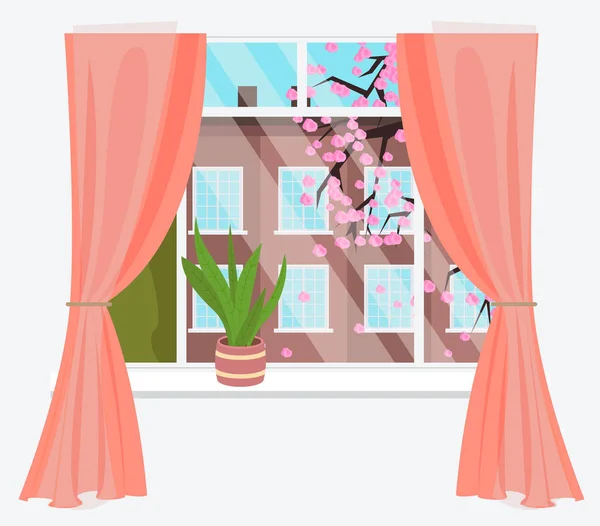 Vista de la ciudad desde la ventana, Sakura Tree Cherry Blossom — Vector de stock