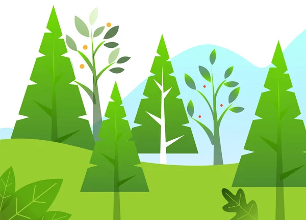 Gröna träd, grönska i skogen, vårsäsong — Stock vektor