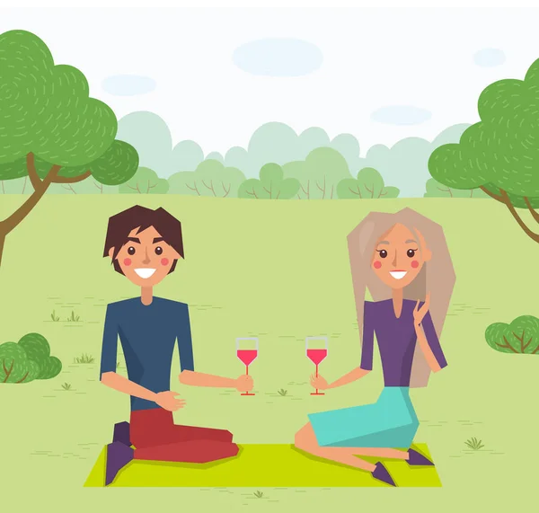Paar sitzt auf Gras und trinkt Wein — Stockvektor