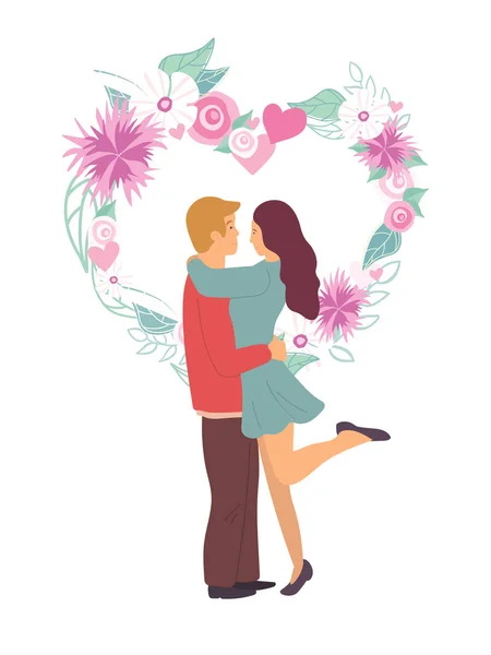 Ζευγάρι στέκεται μαζί, λουλούδια και διάνυσμα αγάπη — Διανυσματικό Αρχείο