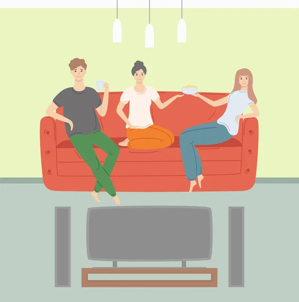 People Spending Time Together Watching Films Home — ストックベクタ