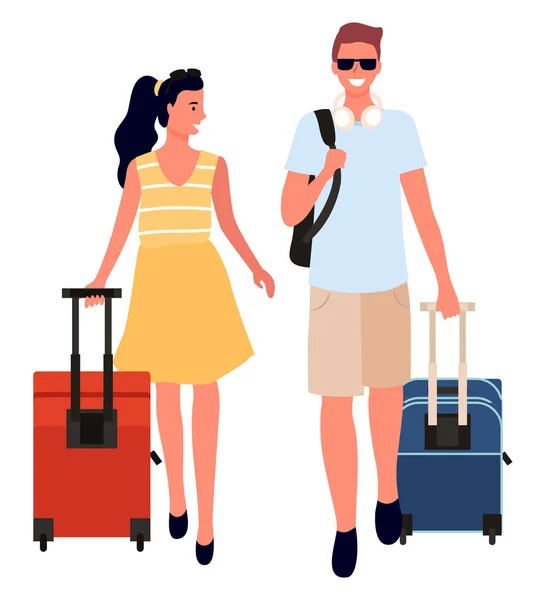 Man and Woman with Bags Travelers Couple Vector — Stok Vektör