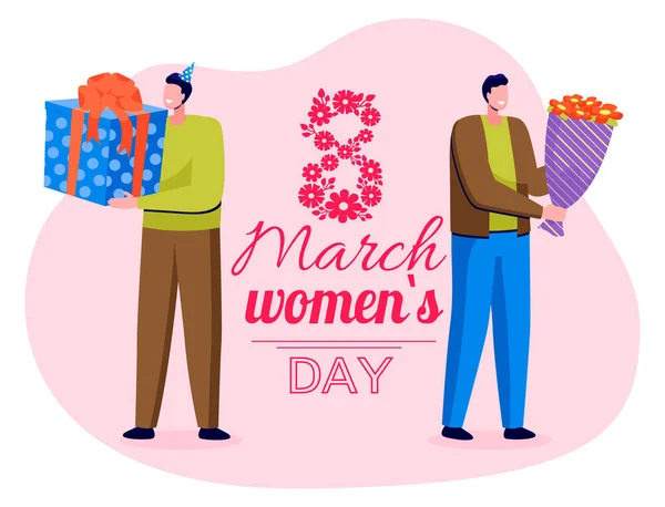 Womens Day Celebration Men with Presents Vector — Stock Vector