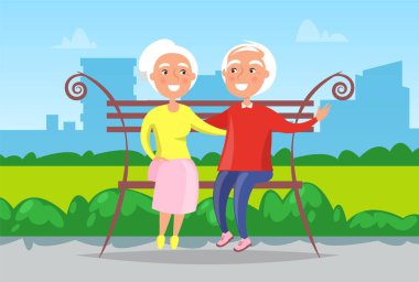 Happy Grandparents Sitting on Bench in Park Vector