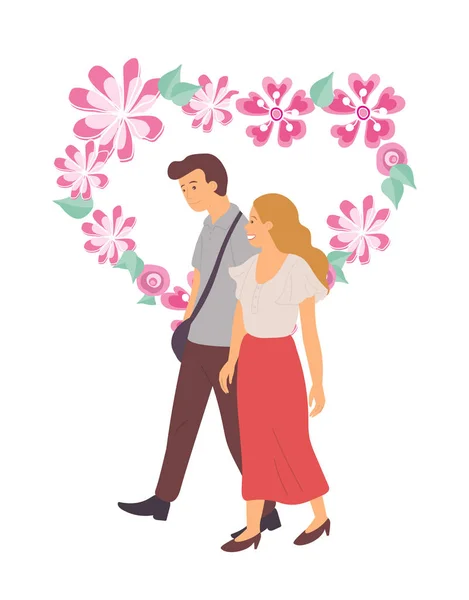 Muž a žena šťastný pár v lásce květinové srdce — Stockový vektor