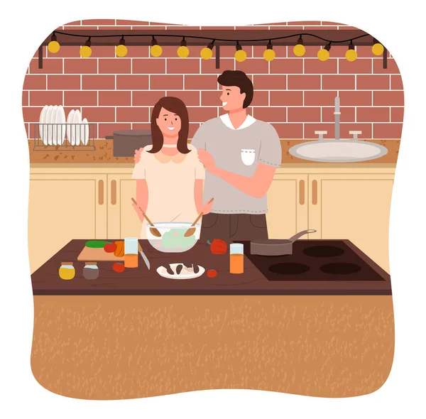 Άνδρας και γυναίκα μαγείρεμα σαλάτα στην κουζίνα στο σπίτι — Διανυσματικό Αρχείο