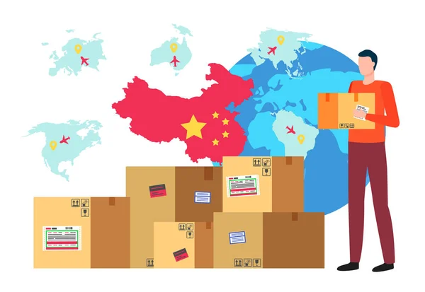 Homem com pacote da China, Globo e Caixas Set — Vetor de Stock