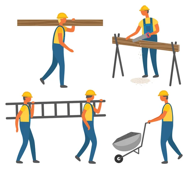 Construction Works, Workers with Tool or Materials — ストックベクタ