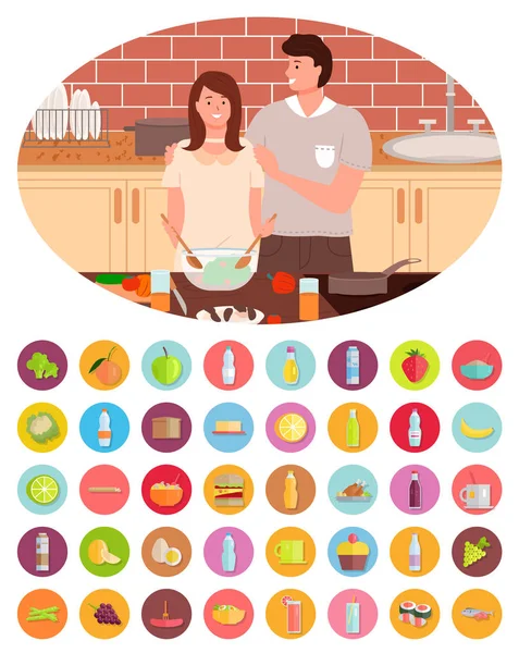 Cuisine en couple dans la cuisine, Fille et Père — Image vectorielle