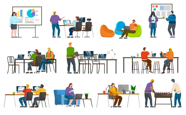 Coworking personages met laptops en whiteboards — Stockvector