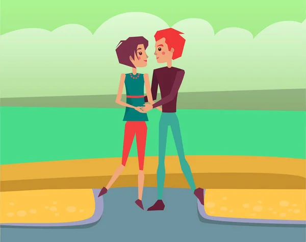 Lovers Characters on Date Walking in Park Vector — ストックベクタ