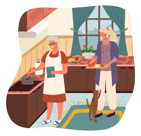 Γυναίκα Βοήθεια Grandmother Cook Soup, Κουζίνα Εσωτερικών — Διανυσματικό Αρχείο