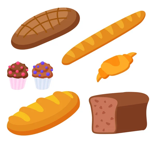 Produtos de padaria Baguette e pão de centeio com bolos — Vetor de Stock
