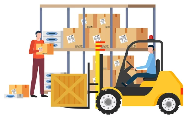 Logistics Company Workers with Goods in Boxes — Stok Vektör