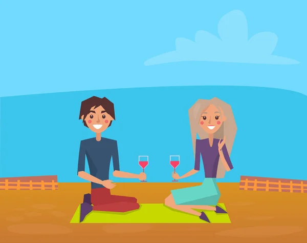 Loving Couple Having Picnic Drinking Wine Vector — 图库矢量图片