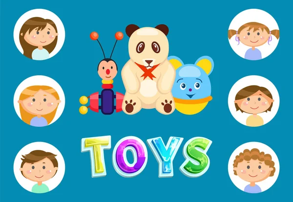 Spielzeug für Kinder, Kinder mit Panda und Elefant — Stockvektor