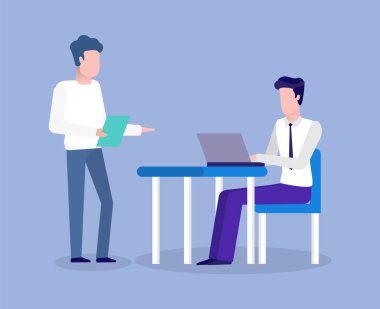 Men Working and Discussing, Using Laptop Vector