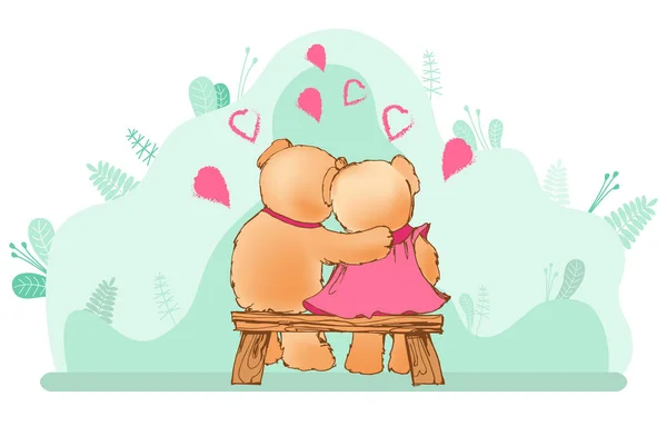 Paar Teddybären auf Bank umarmen Vektor — Stockvektor